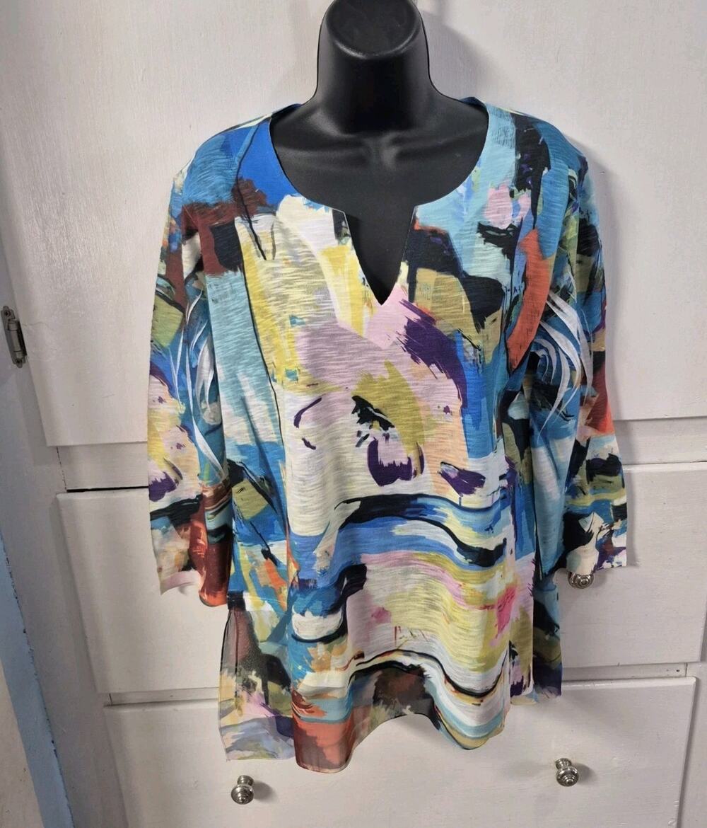 Jess & Jane Tunic Top Womens M Multicolor Abstract Art Print 3/4 Sleeve